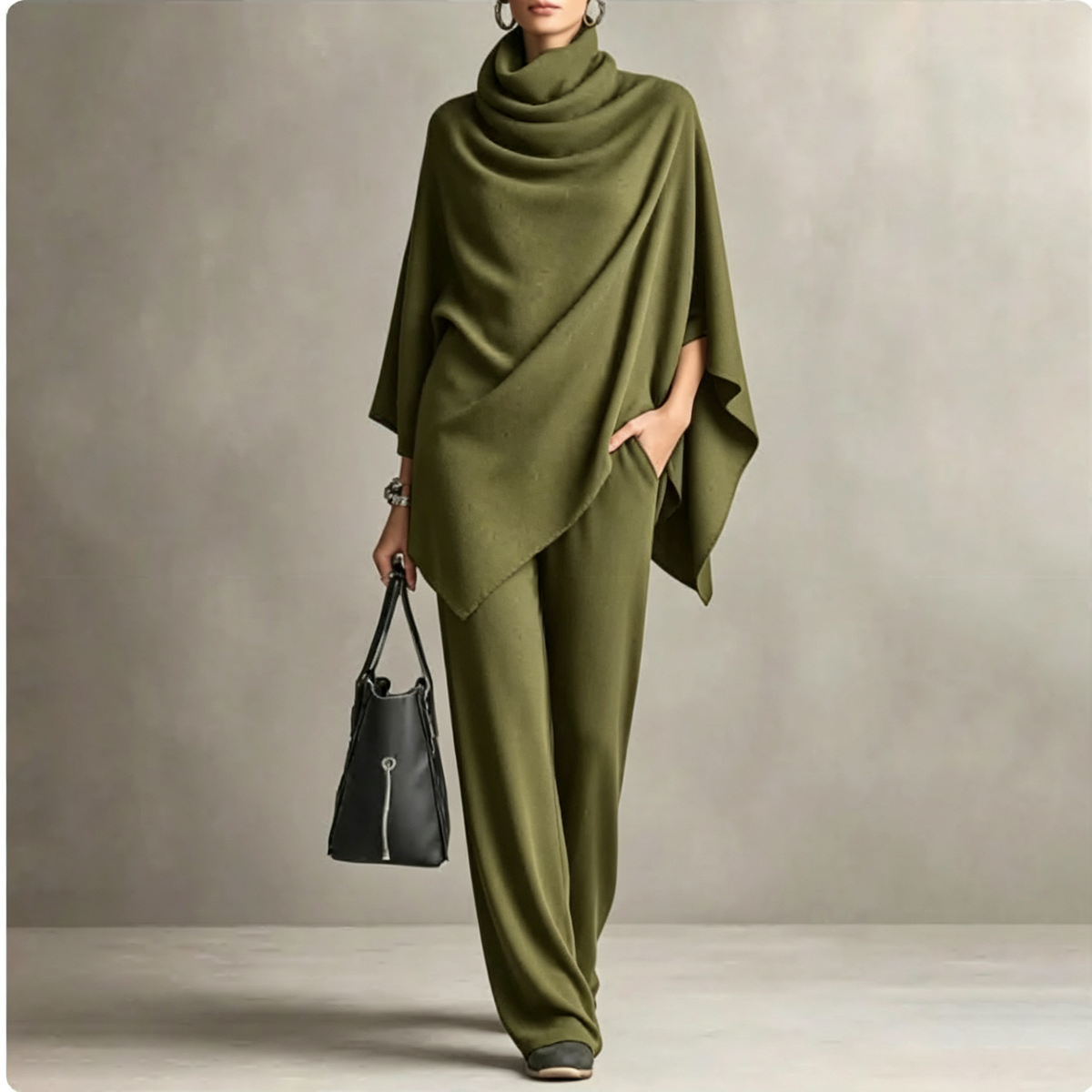 ✨ Elevated Comfort | Women's Cowl-Neck Cape & Wide-Leg Pants 2-Piece Set