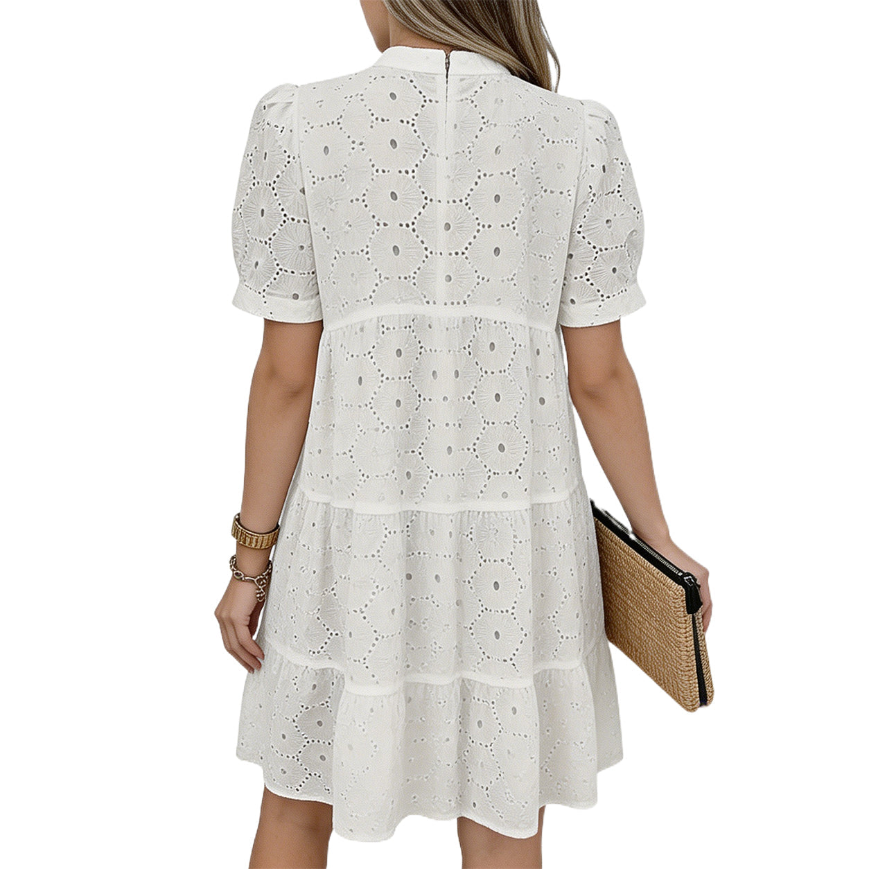 Women's Summer Lace Dresses Eyelet Casual Flowy Babydoll Swing Short Sleeve V Neck Tunic Dress