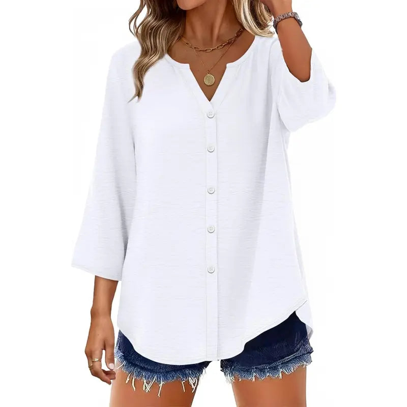 Women's V-Neck Button-Down Blouse, 3/4 Sleeve Loose Fit Business Casual Top