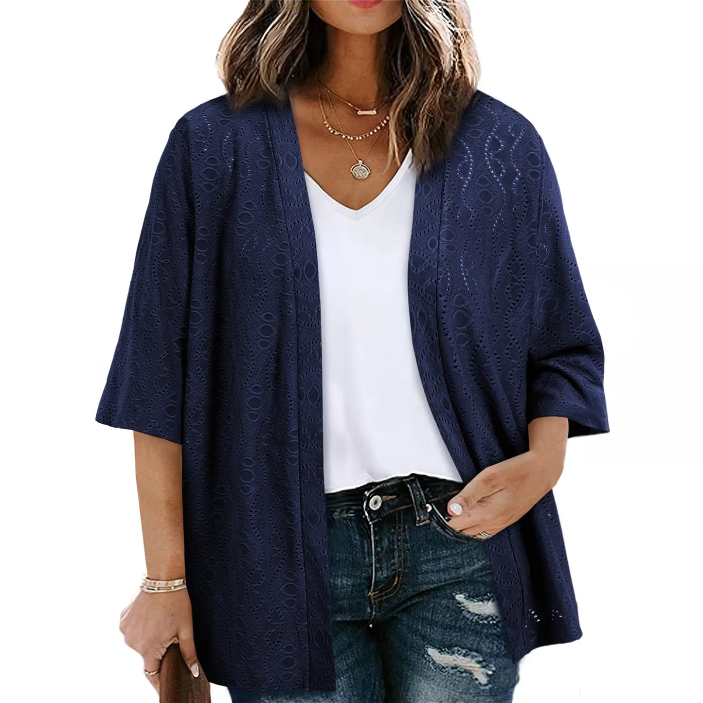Women's Lightweight Crochet Kimono Cardigan – Open Front Half Sleeve Summer Beach Cover Up