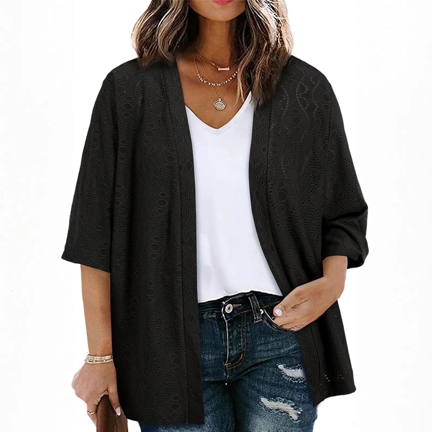 Women's Lightweight Crochet Kimono Cardigan – Open Front Half Sleeve Summer Beach Cover Up