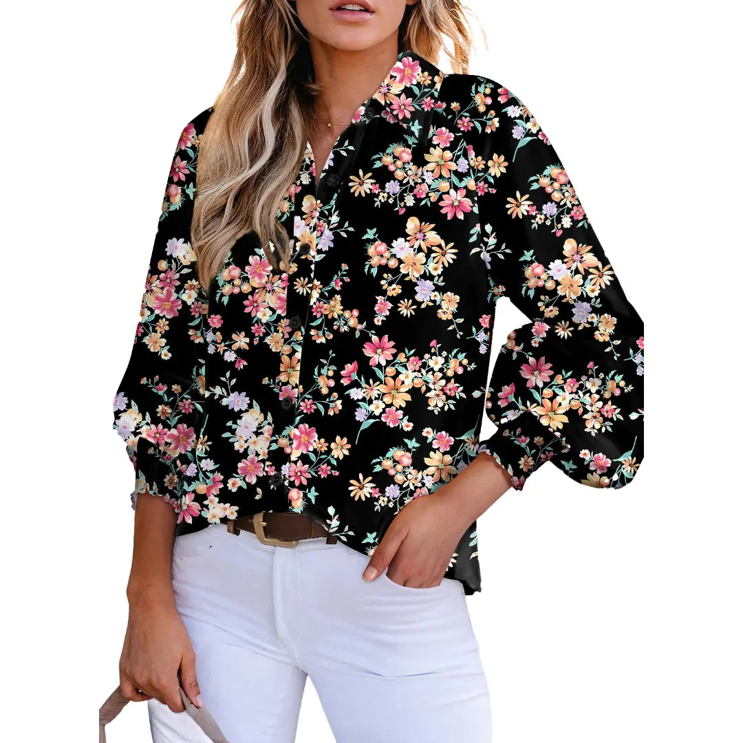 Women's Floral Chiffon Button Down Blouse – V Neck Long Sleeve Casual Boho Shirt