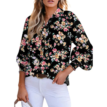 Women's Floral Chiffon Button Down Blouse – V Neck Long Sleeve Casual Boho Shirt