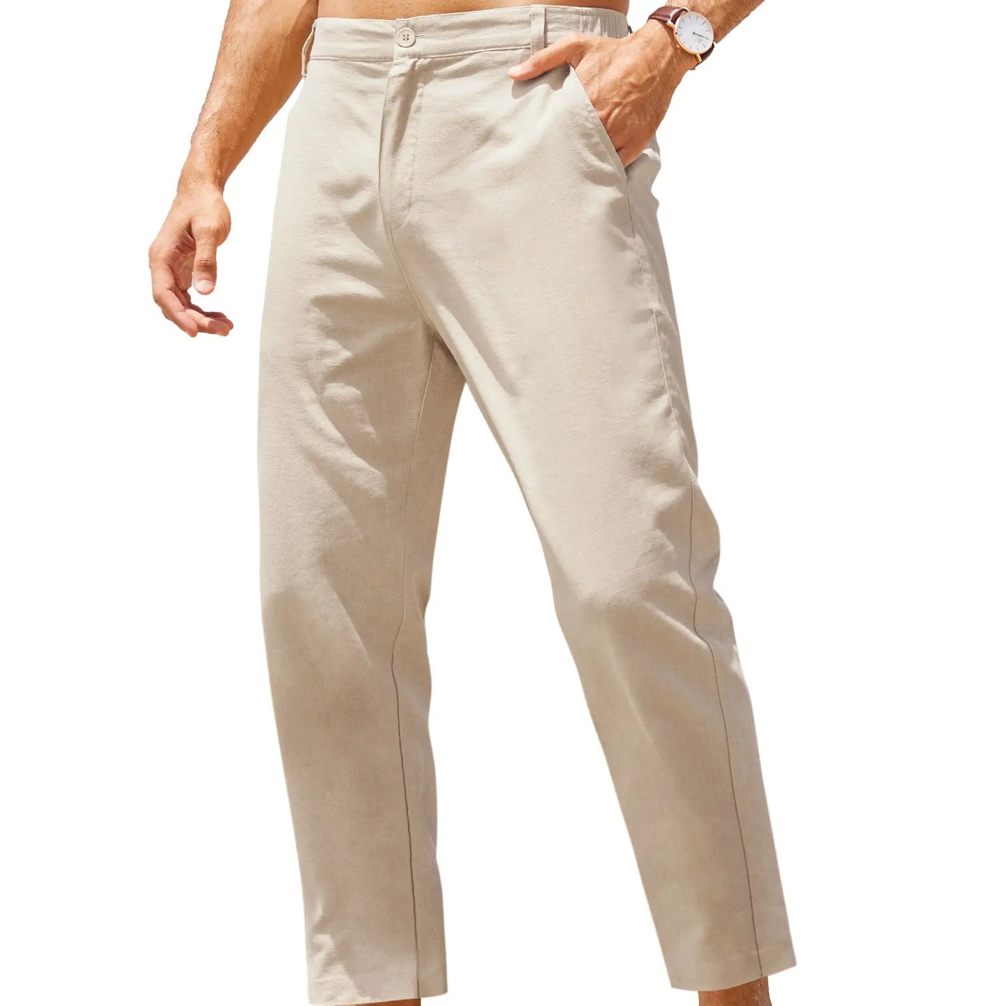 Men's Lightweight Cotton Linen Pants – Elastic Waist Slim Fit Casual Trousers with Pockets for Beach, Yoga & Everyday Wear