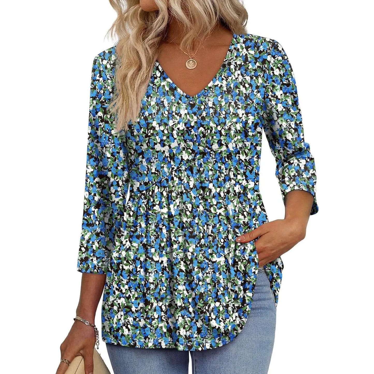 Women's V-Neck 3/4 Sleeve Tunic Top – Flowy Dressy Casual Blouse