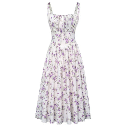 Women's Strappy Sleeveless Milkmaid Corset Flowy Midi Sundress - Floral Casual Wear