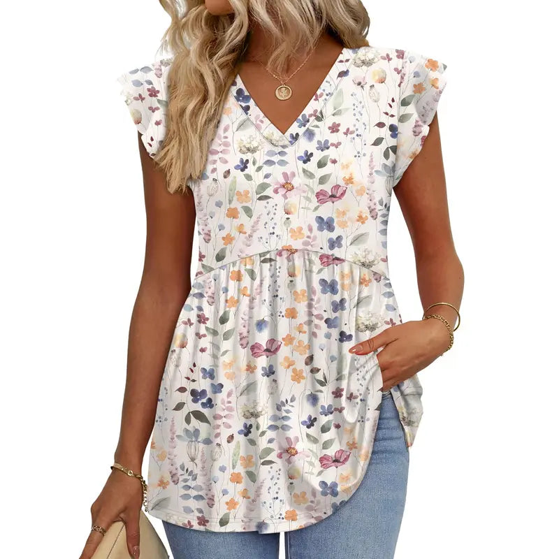 Women's Summer Babydoll Tops 2026 - V Neck Ruffle Sleeve Dressy Casual Blouses for Spring & Summer