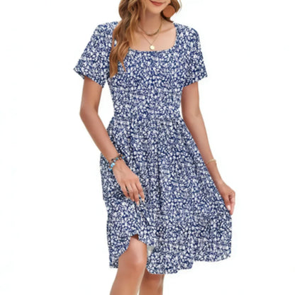 🔥Women Square Neck Floral Dress Ruffle Empire Waist A-Line Sundress with Pockets