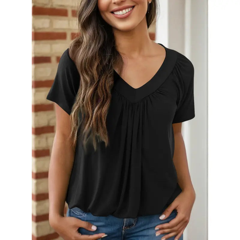Women's Casual V Neck Short Sleeve Top – Soft Loose Fit Pleated Summer Tee