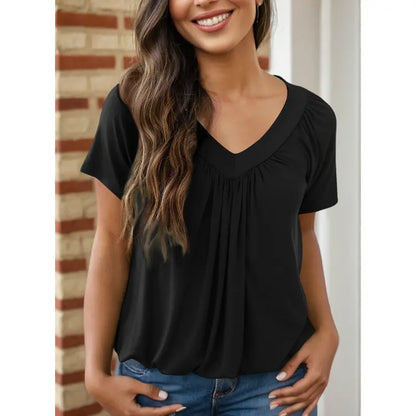 Women's Casual V Neck Short Sleeve Top – Soft Loose Fit Pleated Summer Tee