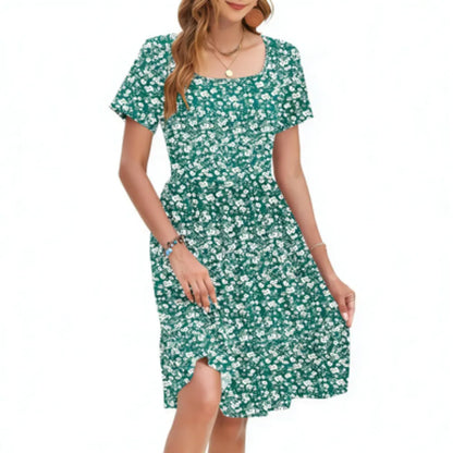 🔥Women Square Neck Floral Dress Ruffle Empire Waist A-Line Sundress with Pockets