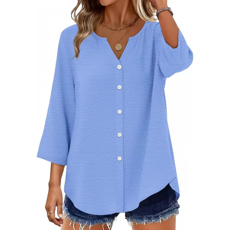 Women's V-Neck Button-Down Blouse, 3/4 Sleeve Loose Fit Business Casual Top