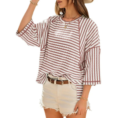 Women's Oversized Striped Color Block Tee – Soft Summer Short Sleeve Casual Top