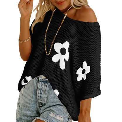 Women's Lightweight Crochet Sweater Floral Knit Summer Top Short Sleeve Beach Cover Up Casual Loose Pullover