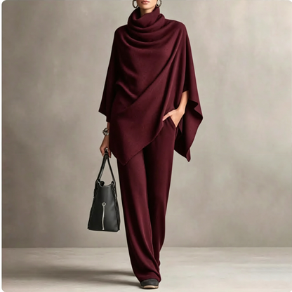 ✨ Elevated Comfort | Women's Cowl-Neck Cape & Wide-Leg Pants 2-Piece Set