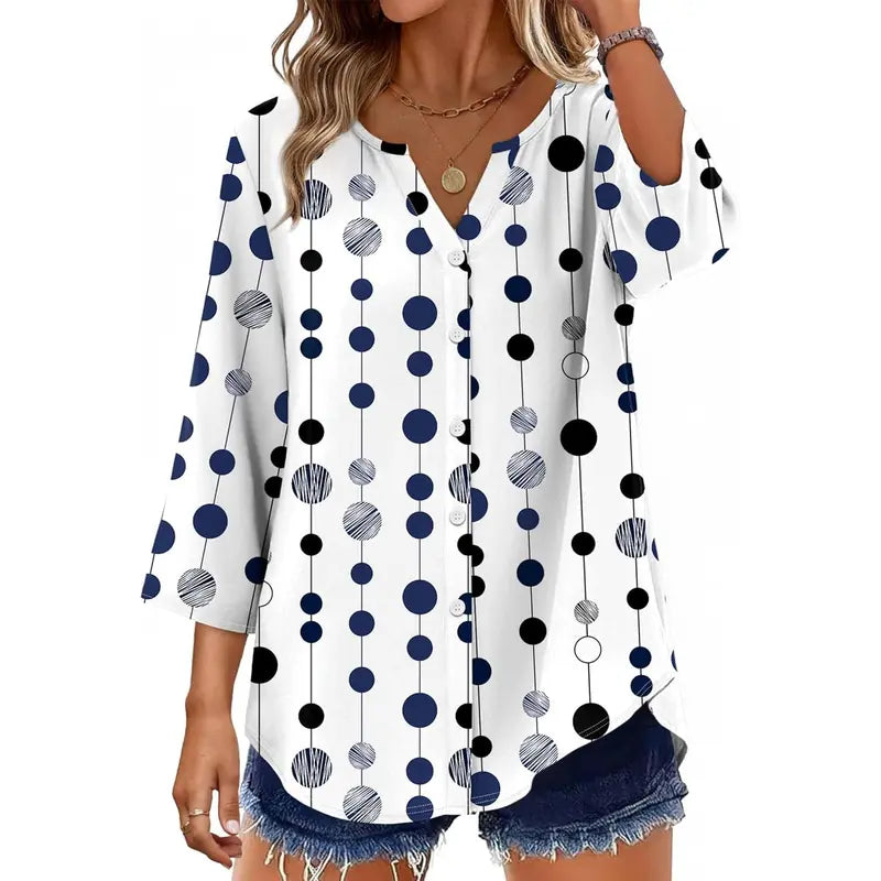 Women's V-Neck Button-Down Blouse, 3/4 Sleeve Loose Fit Business Casual Top