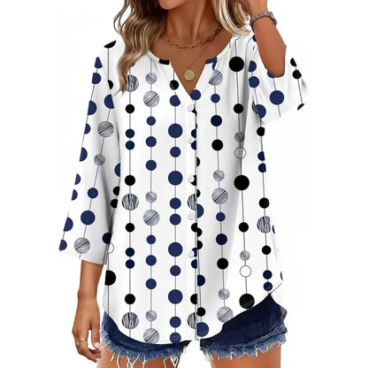 Women's V-Neck Button-Down Blouse, 3/4 Sleeve Loose Fit Business Casual Top