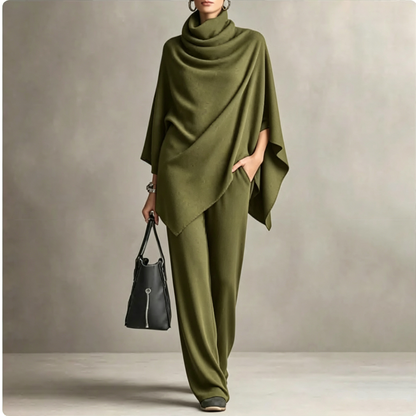 ✨ Elevated Comfort | Women's Cowl-Neck Cape & Wide-Leg Pants 2-Piece Set