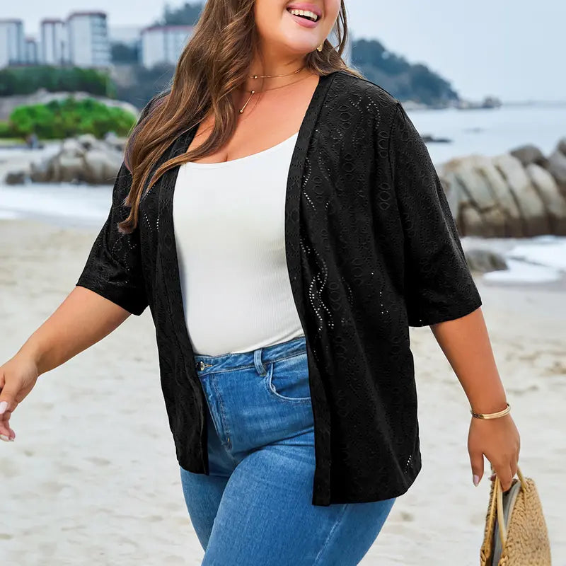 Women's Lightweight Crochet Kimono Cardigan – Open Front Half Sleeve Summer Beach Cover Up