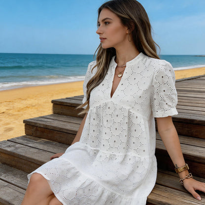 Women's Summer Lace Dresses Eyelet Casual Flowy Babydoll Swing Short Sleeve V Neck Tunic Dress