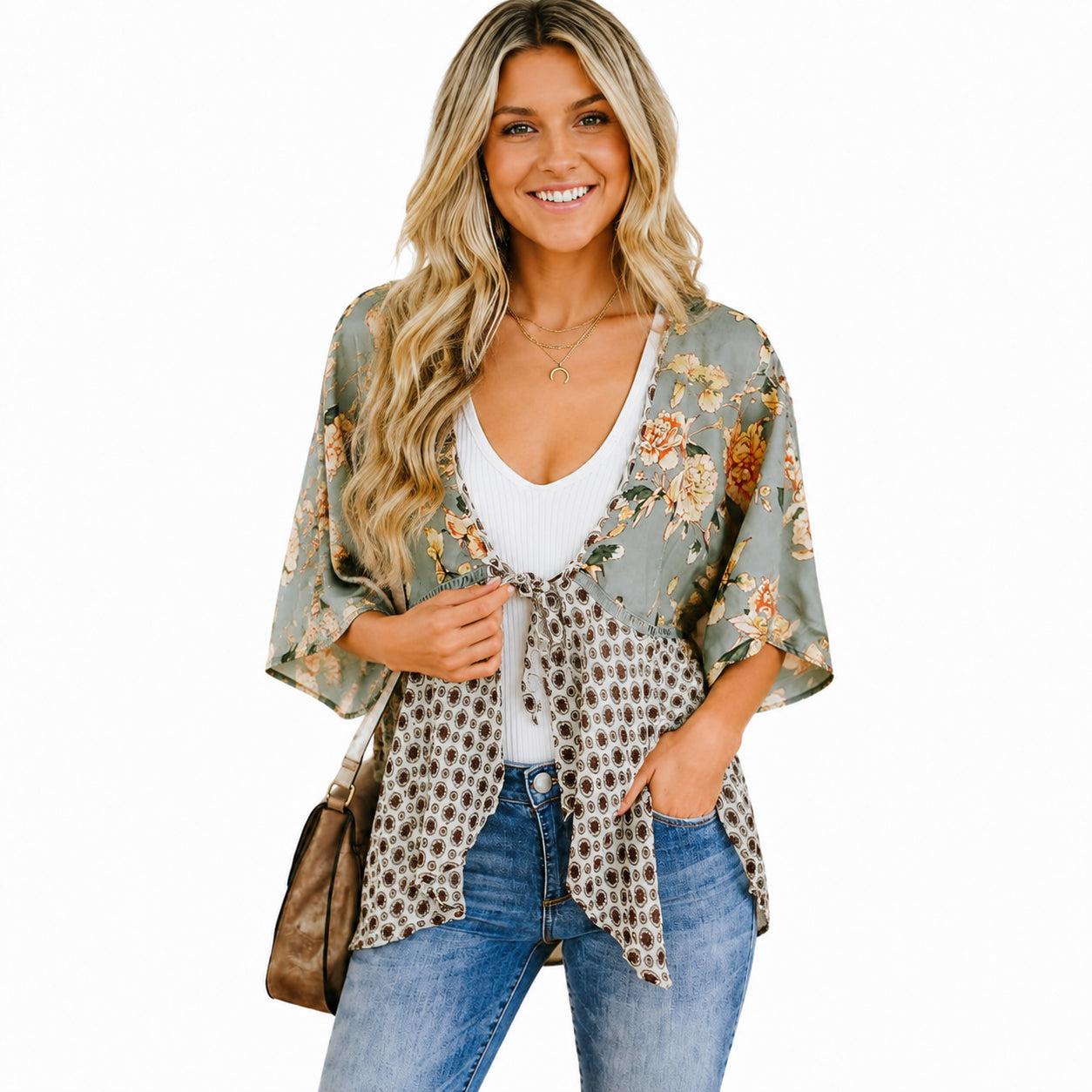 🔥5K+SOLD! | Women's Floral Kimono Cardigan 🌸 Flowy 3/4 Sleeve Tie Front Beach Cover Up Top