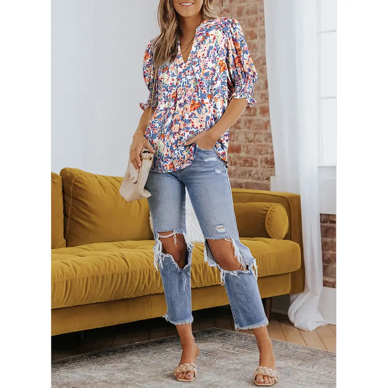 Women's Lightweight Floral Blouse – Cute V-Neck Ruffle Sleeve Summer Top