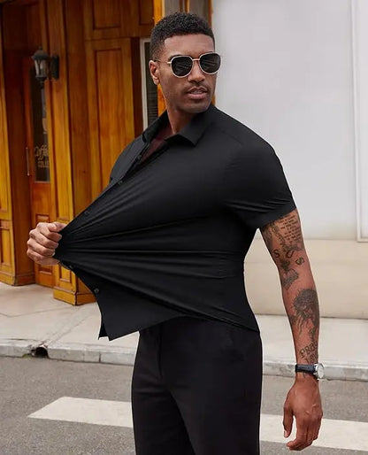 Men's Stretch Short Sleeve Dress Shirt | Slim Fit Business Casual Button Down