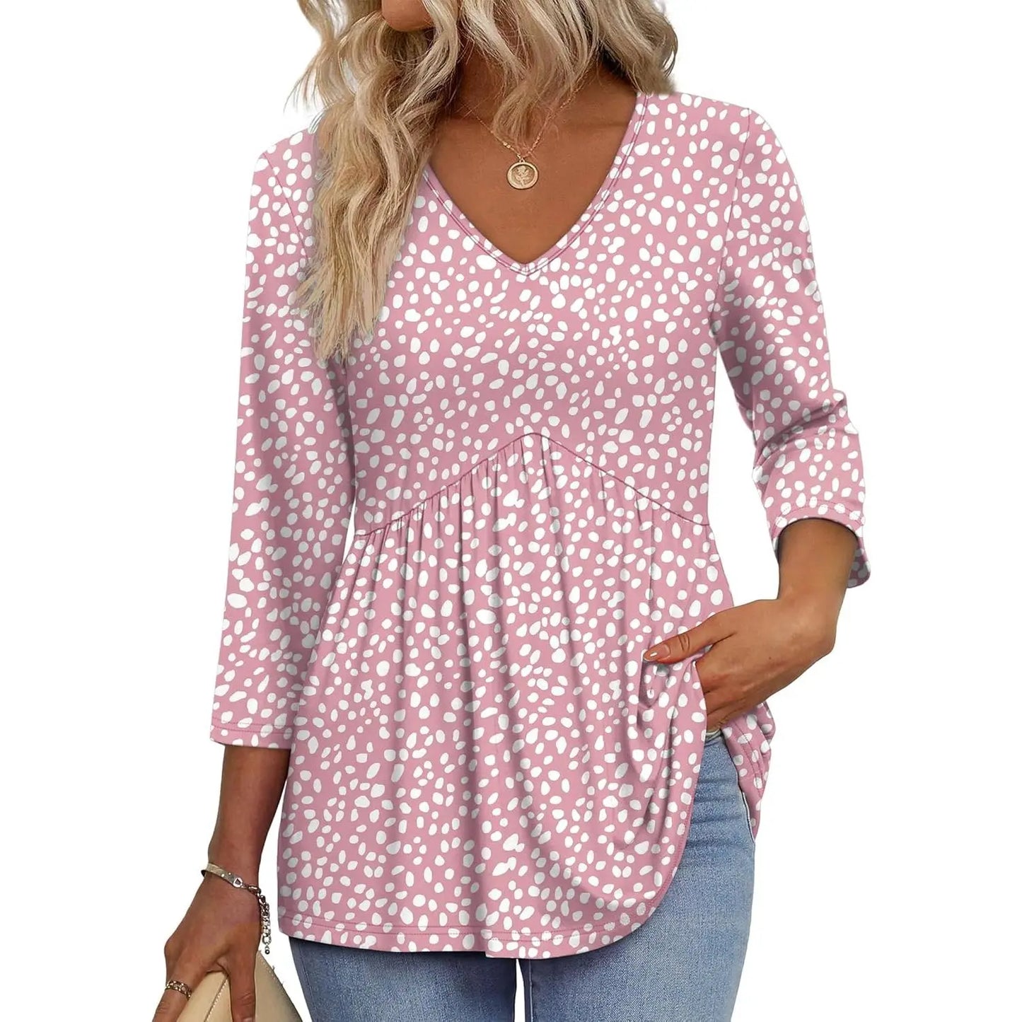Women's V-Neck 3/4 Sleeve Tunic Top – Flowy Dressy Casual Blouse