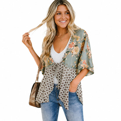 🔥5K+SOLD! | Women's Floral Kimono Cardigan 🌸 Flowy 3/4 Sleeve Tie Front Beach Cover Up Top