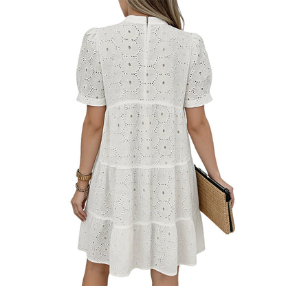Women's Summer Lace Dresses Eyelet Casual Flowy Babydoll Swing Short Sleeve V Neck Tunic Dress