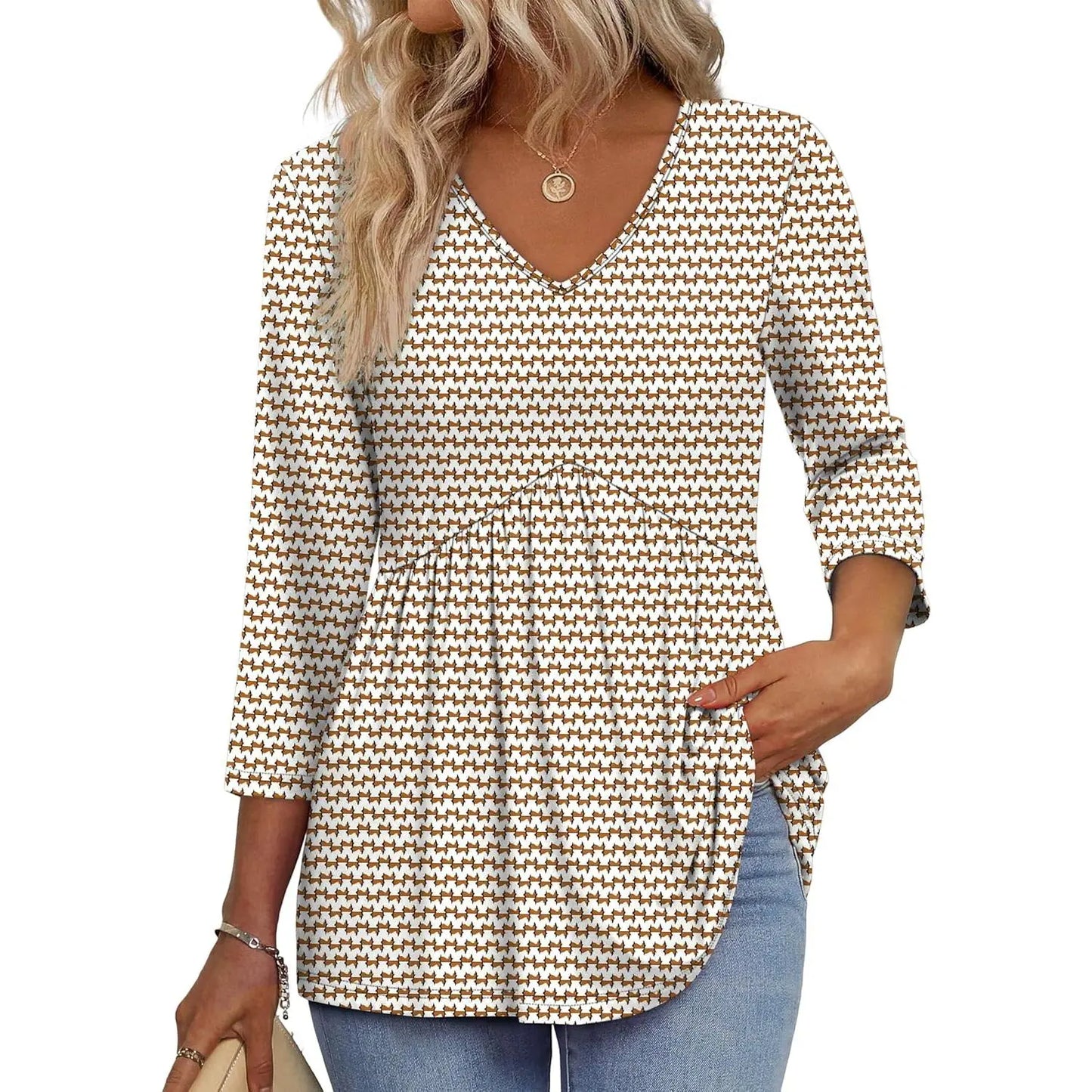 Women's V-Neck 3/4 Sleeve Tunic Top – Flowy Dressy Casual Blouse