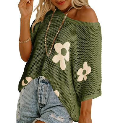 Women's Lightweight Crochet Sweater Floral Knit Summer Top Short Sleeve Beach Cover Up Casual Loose Pullover