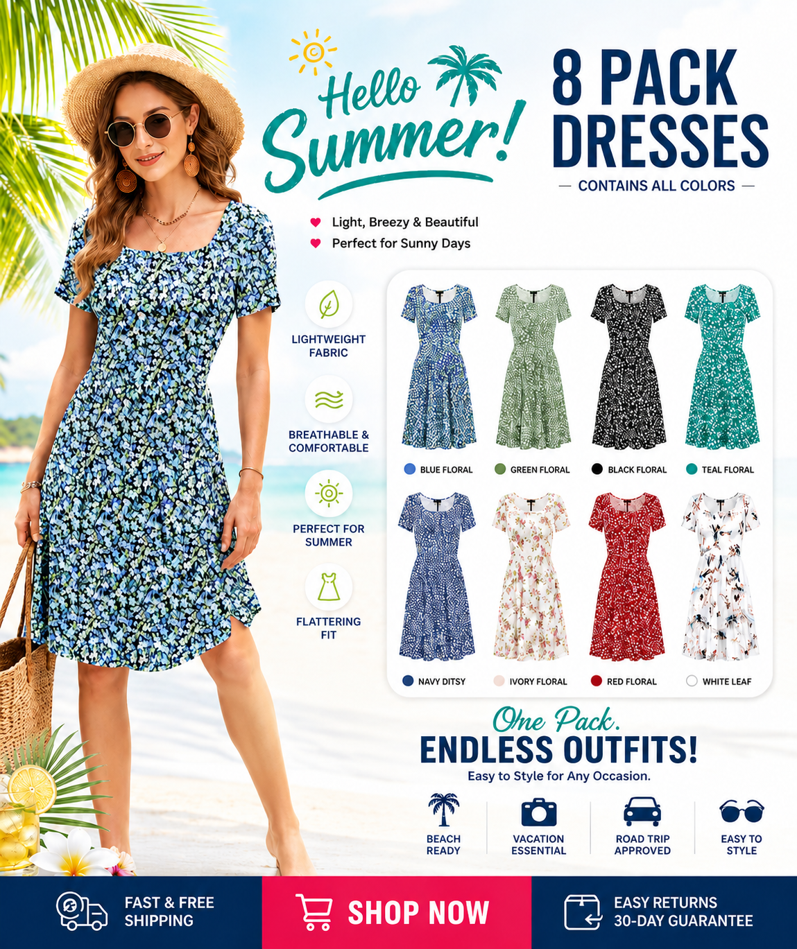 🔥Women Square Neck Floral Dress Ruffle Empire Waist A-Line Sundress with Pockets