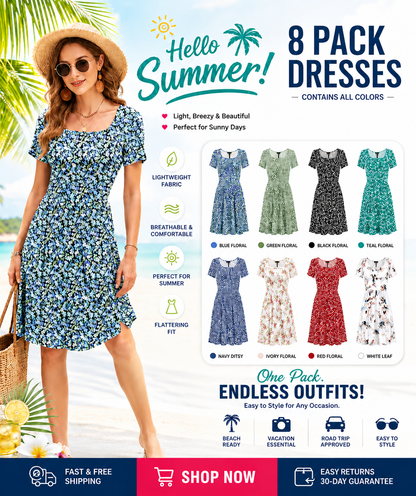 🔥Women Square Neck Floral Dress Ruffle Empire Waist A-Line Sundress with Pockets