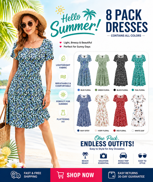 🔥Women Square Neck Floral Dress Ruffle Empire Waist A-Line Sundress with Pockets