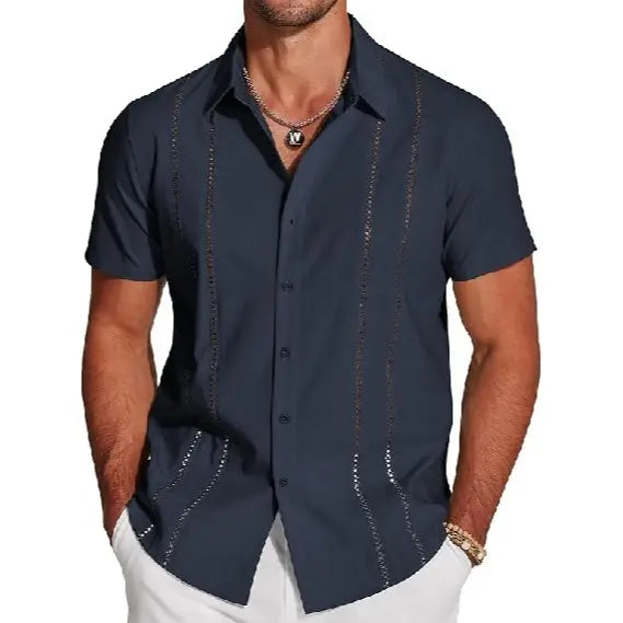 Men's Cuban Guayabera Shirt, Short Sleeve Linen Blend Button Down Summer Shirt, Lightweight Breathable Casual Beach & Vacation Wear