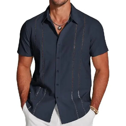 Men's Cuban Guayabera Shirt, Short Sleeve Linen Blend Button Down Summer Shirt, Lightweight Breathable Casual Beach & Vacation Wear