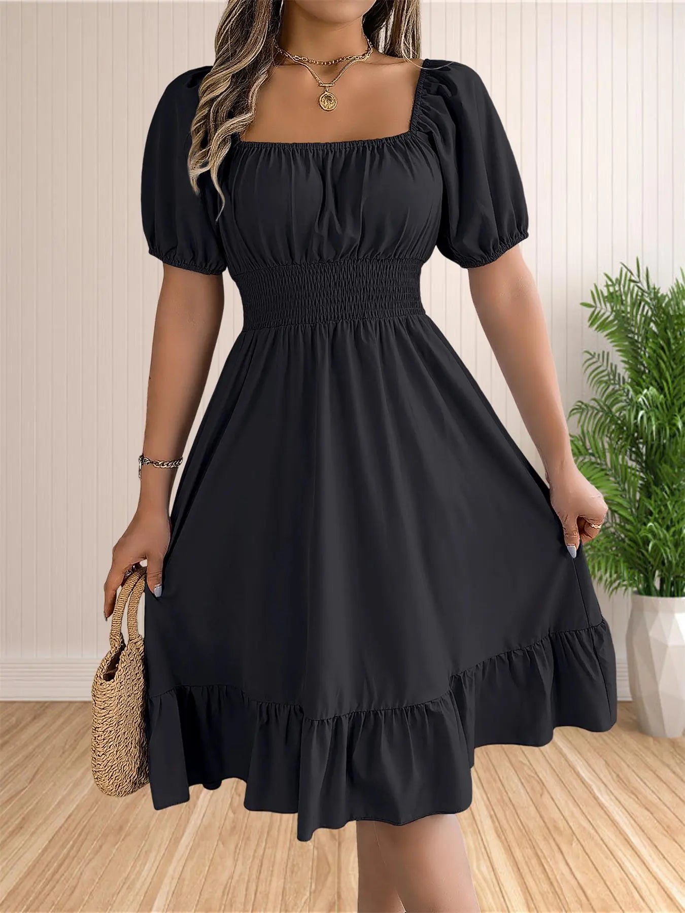 Solid Color Shirred Puff Sleeve A-Line Dress – Square Neck Ruffle Hem Summer Midi Dress for Women