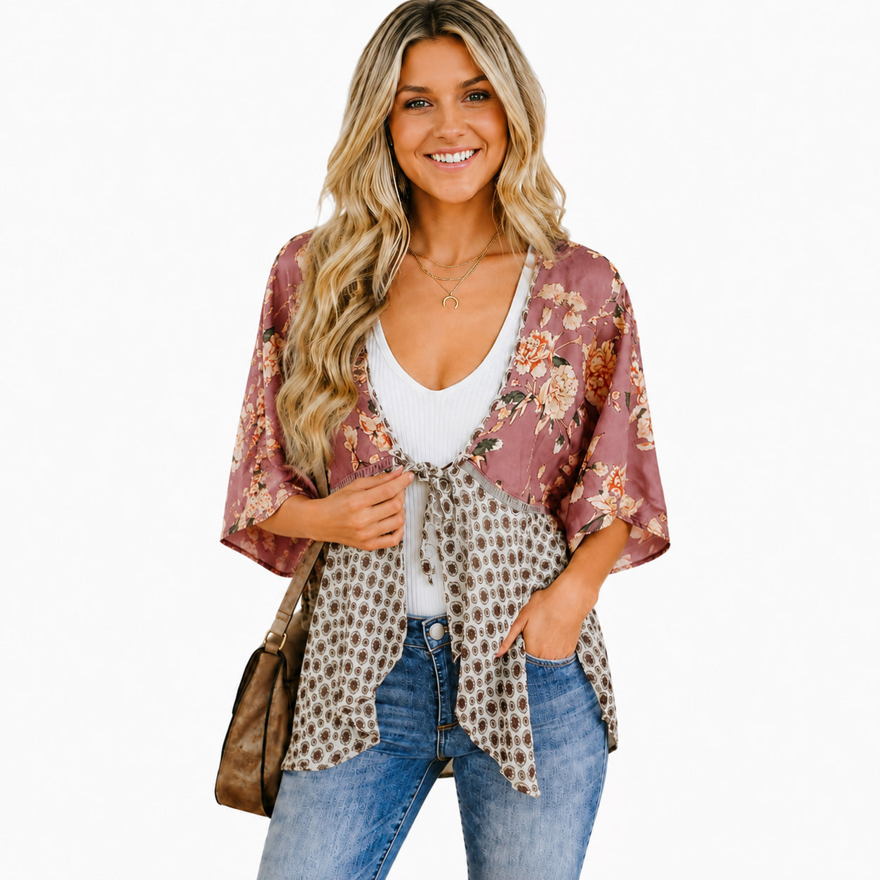 🔥5K+SOLD! | Women's Floral Kimono Cardigan 🌸 Flowy 3/4 Sleeve Tie Front Beach Cover Up Top