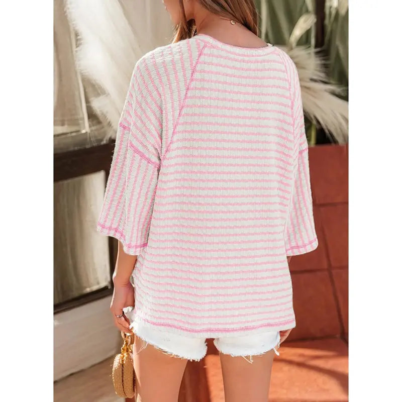 Women's Oversized Striped Color Block Tee – Soft Summer Short Sleeve Casual Top
