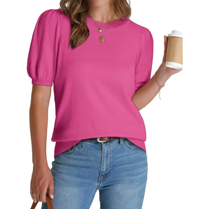 Women's Lightweight Puff Sleeve Knit Top – Soft Spring Summer Sweater, Business Casual Pullover Shirt