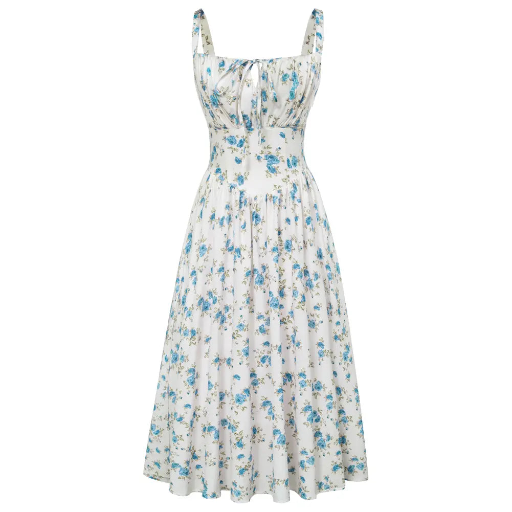 Women's Strappy Sleeveless Milkmaid Corset Flowy Midi Sundress - Floral Casual Wear