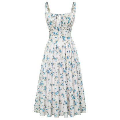 Women's Strappy Sleeveless Milkmaid Corset Flowy Midi Sundress - Floral Casual Wear