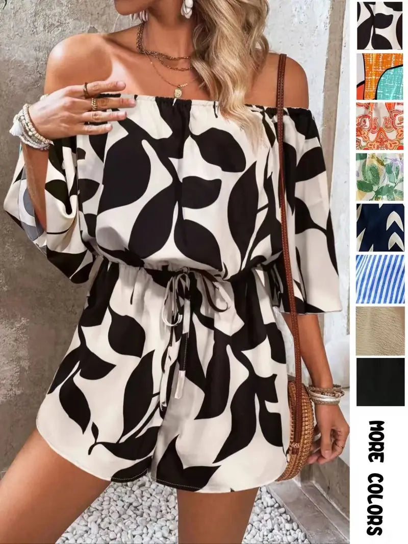 Boho Off Shoulder Romper for Women | Adjustable Tie Waist | Lightweight Summer Beach Vacation Jumpsuit