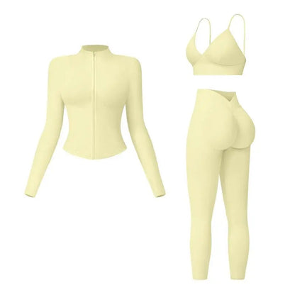 Women's tank top, high-waisted leggings, and zip-up jacket 3-piece sportswear set.