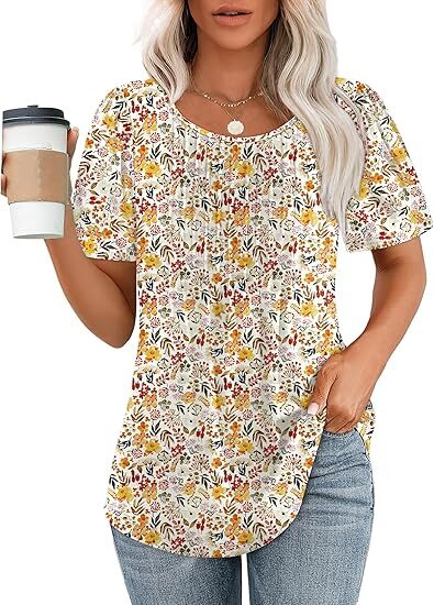 🔥Last day promotion🔥Womens T Shirts Short Sleeve Pleated Dressy Casual Scooped Neck Summer Tops Blouses