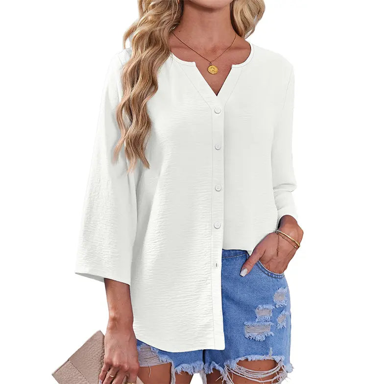 Women's V-Neck Button-Down Blouse, 3/4 Sleeve Loose Fit Business Casual Top