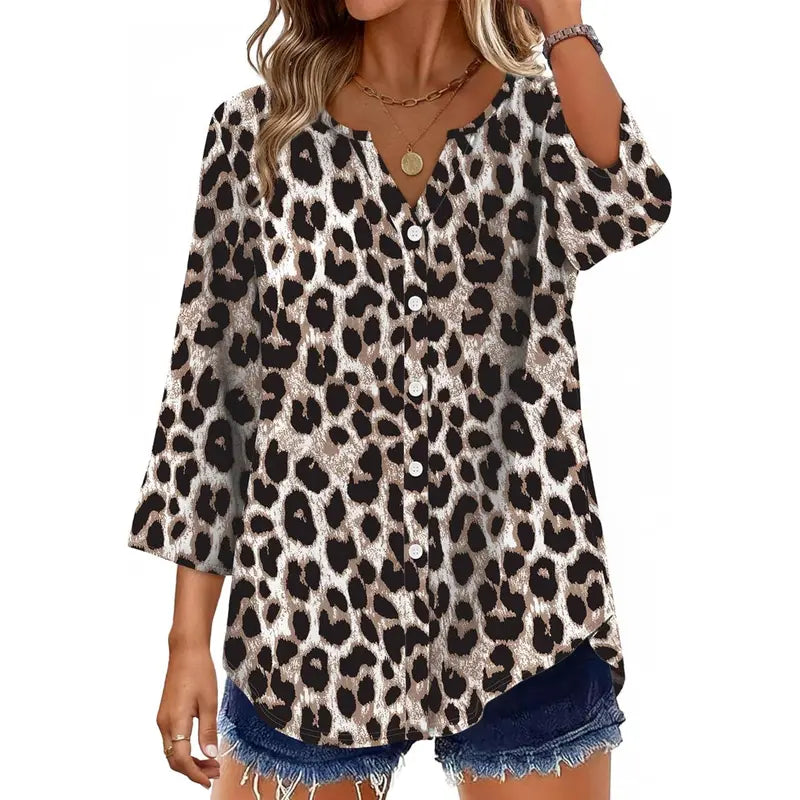 Women's V-Neck Button-Down Blouse, 3/4 Sleeve Loose Fit Business Casual Top