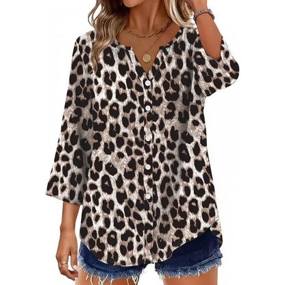 Women's V-Neck Button-Down Blouse, 3/4 Sleeve Loose Fit Business Casual Top