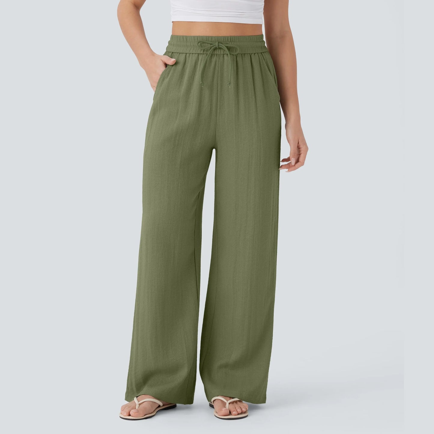 High Waisted Drawstring Pocket Wide Leg Baggy Casual Linen-Feel Pants